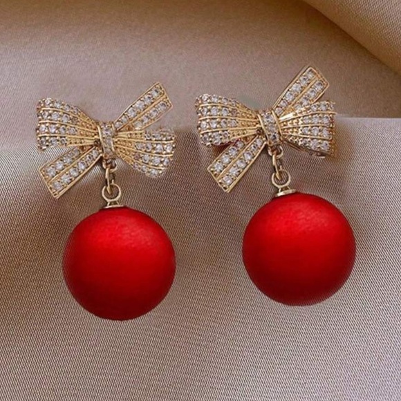 Elegant Rhinestone Studded Ball & Bow Earrings, Christmas earrings holiday - Picture 3 of 3